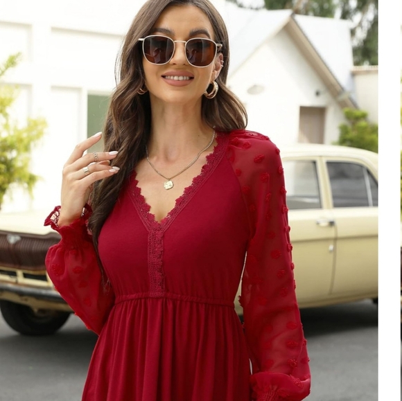 Red V-Neck Boho Top Sheer Sleeves - Picture 3 of 8